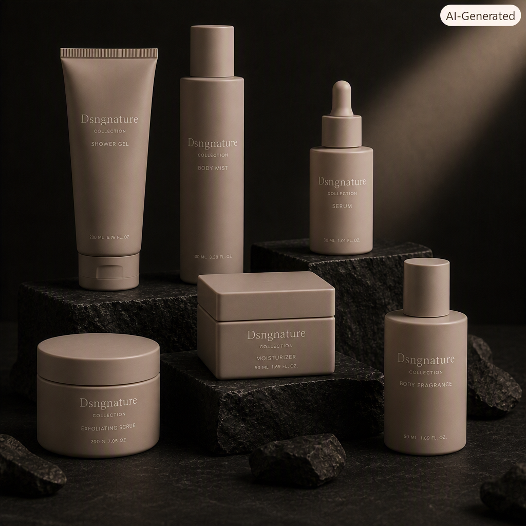Dsignature luxury skincare collection — shower gel, body mist, serum, moisturizer, exfoliating scrub and body fragrance on black stone